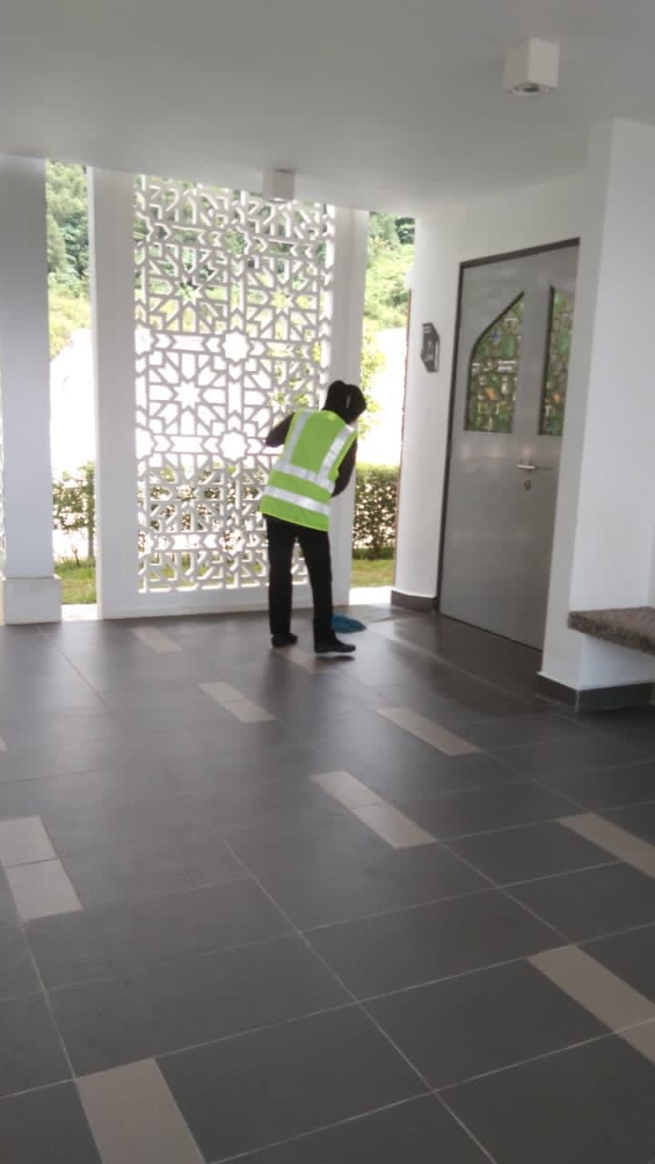 Cleaning ornamental façade screen at a building entrance