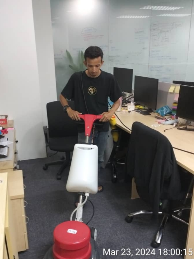 Office floor polishing with rotary machine