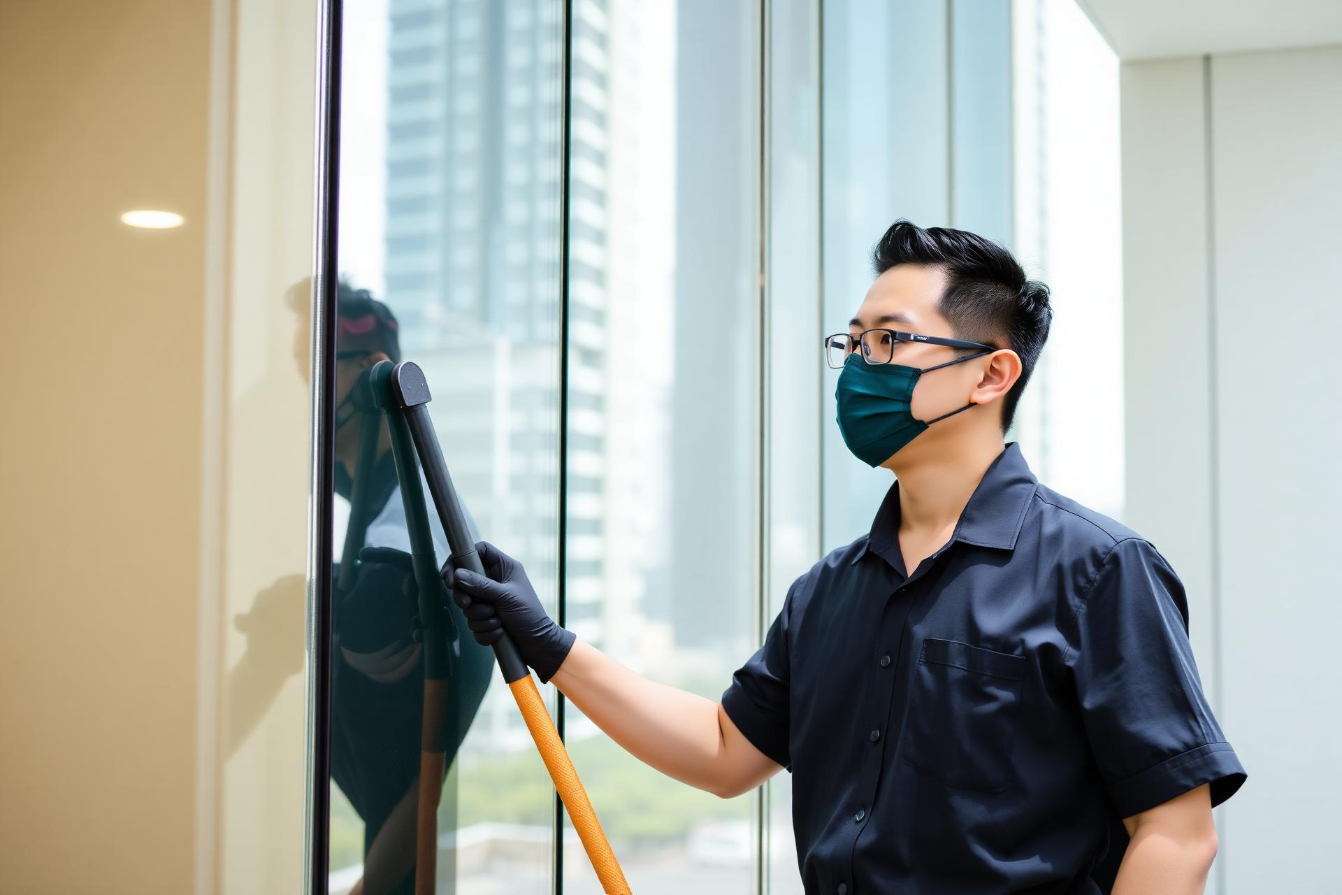 Professional SIS technician cleaning a glass office facade in Malaysia
